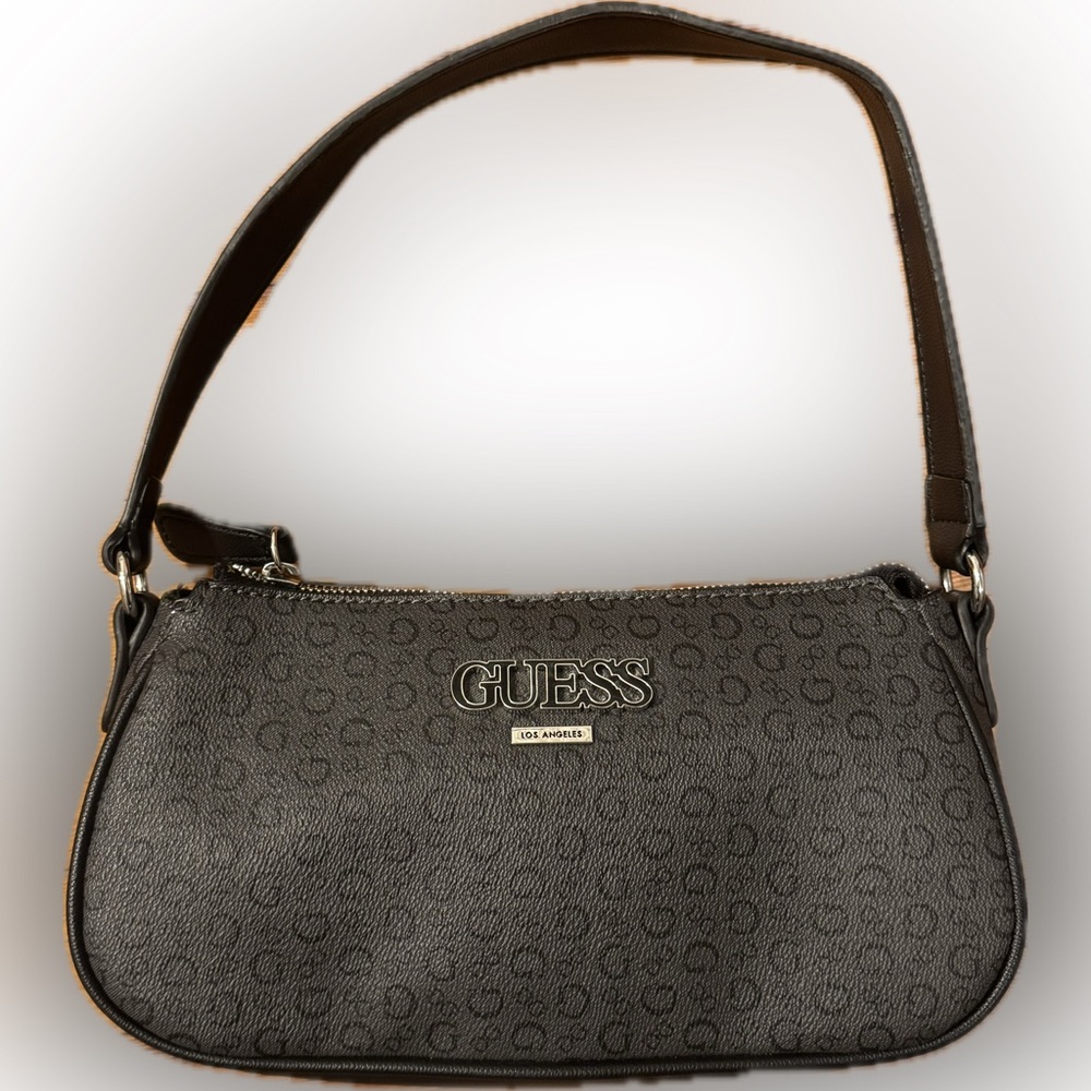 GUESS Charcoal Grey & Black Brand Logo Print Shoulder Bag